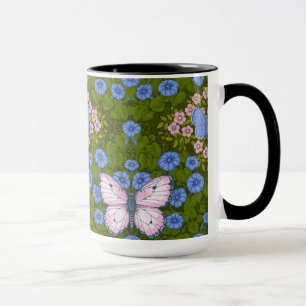 Butterflies and flowers symmetry, blue and pink mug
