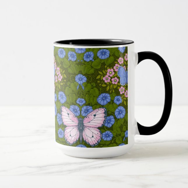 Butterflies and flowers symmetry, blue and pink mug (Right)