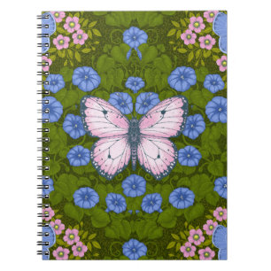 Butterflies and flowers symmetry, blue and pink notebook