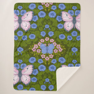 Butterflies and flowers symmetry, blue and pink sherpa blanket