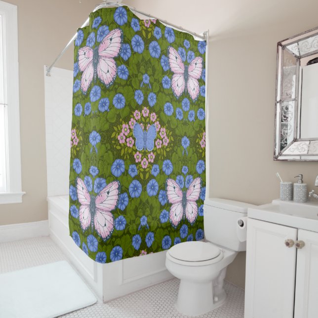 Butterflies and flowers symmetry, blue and pink shower curtain (In Situ)