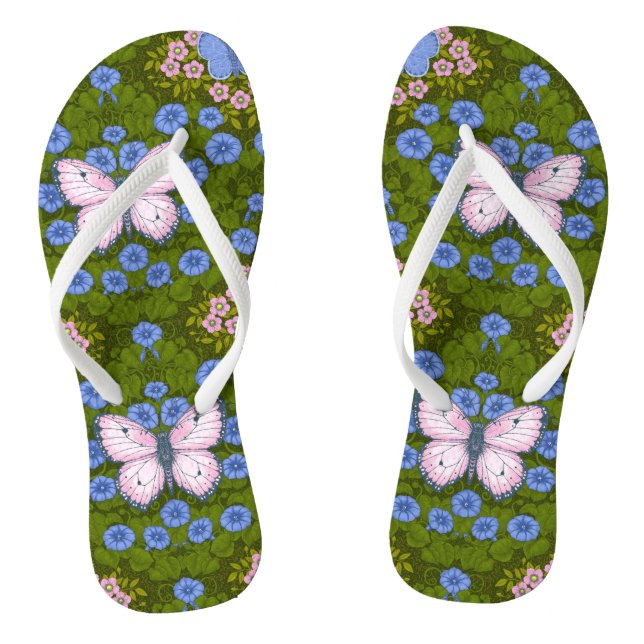 Butterflies and flowers symmetry, blue and pink thongs (Footbed)