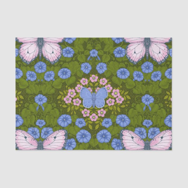 Butterflies and flowers symmetry, blue and pink tissue paper (Front)