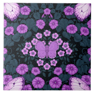 Butterflies and flowers symmetry, violet and blue ceramic tile