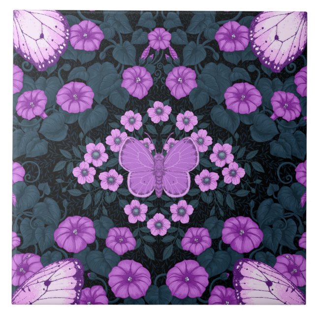 Butterflies and flowers symmetry, violet and blue ceramic tile (Front)