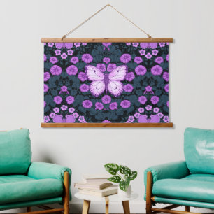 Butterflies and flowers symmetry, violet and blue hanging tapestry