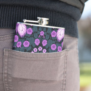 Butterflies and flowers symmetry, violet and blue hip flask