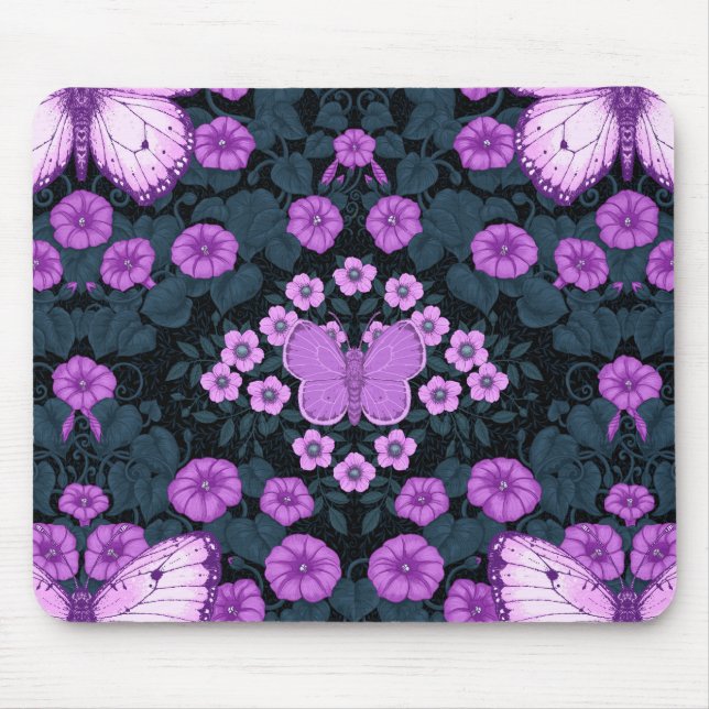 Butterflies and flowers symmetry, violet and blue mouse pad (Front)