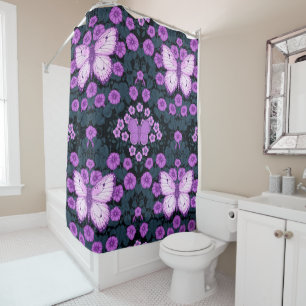 Butterflies and flowers symmetry, violet and blue shower curtain