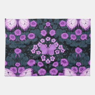Butterflies and flowers symmetry, violet and blue tea towel