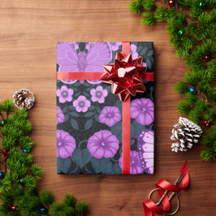 Butterflies and flowers symmetry, violet and blue wrapping paper