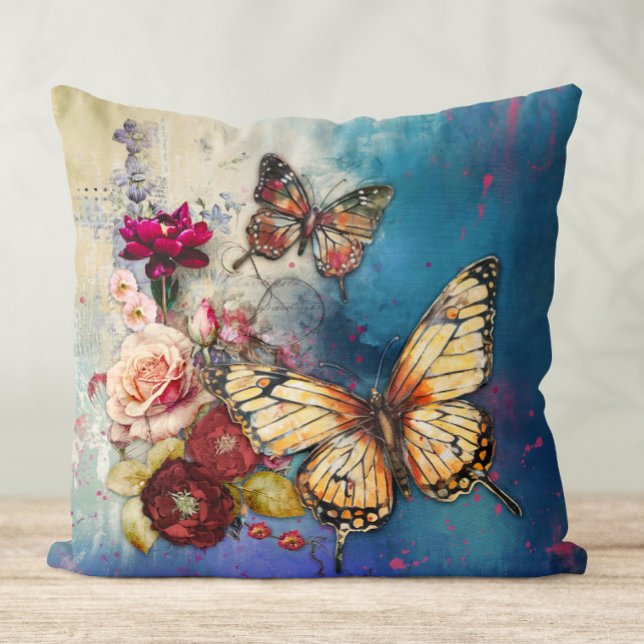 Butterflies and Flowers Throw Pillow (Mixed media butterflies and flowers pillow)