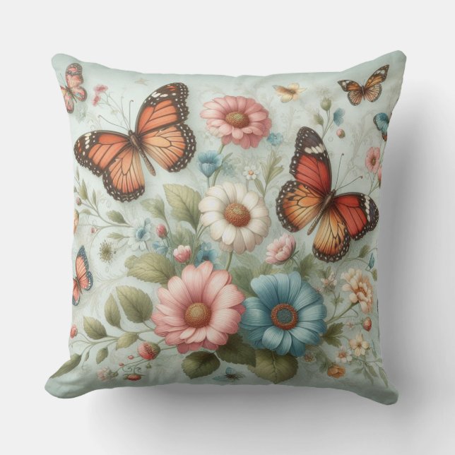 Butterflies And Flowers Throw Pillows (Front)
