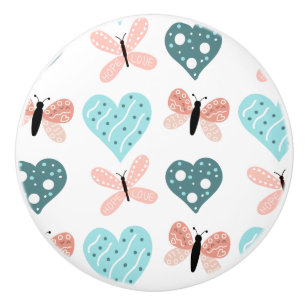 Butterflies and Hearts Teal and Pink Ceramic Knob