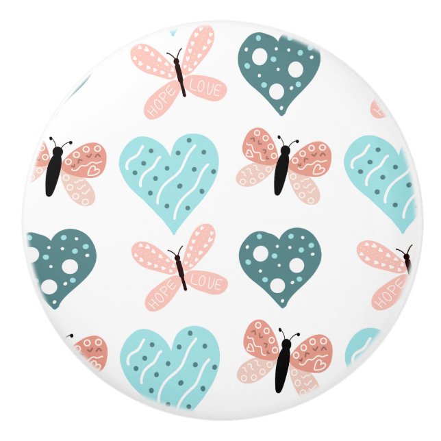 Butterflies and Hearts Teal and Pink  Ceramic Knob (Front)