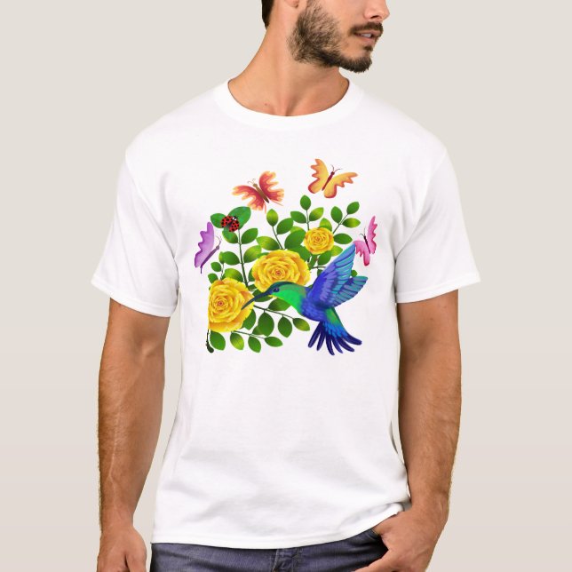 Butterflies and hummingbirds are flying over a bea T-Shirt (Front)