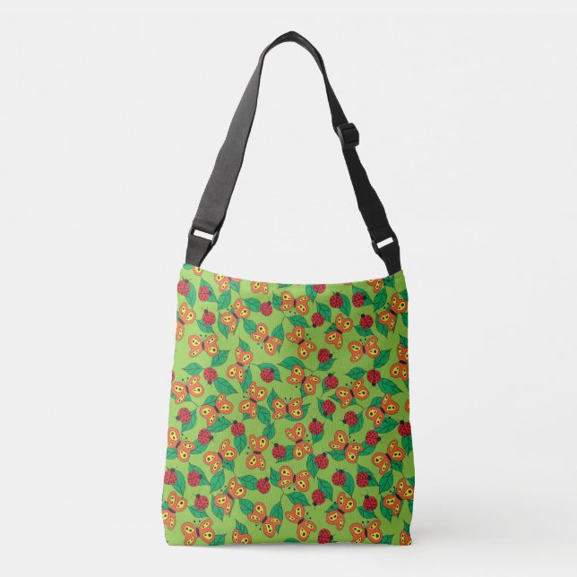 Butterflies and Ladybugs on green leaves Crossbody Bag (Front)