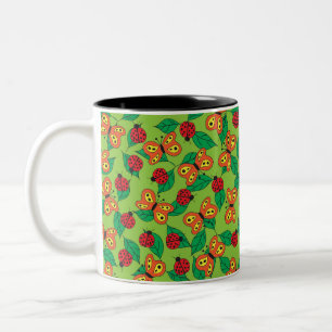 Butterflies and Ladybugs on green leaves Two-Tone Coffee Mug