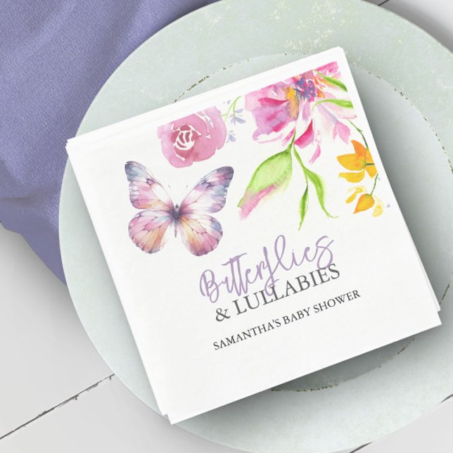 Butterflies and Lullabies Baby Shower Watercolor Napkin (Purple butterfly baby shower decorations watercolor flowers by Victoria Grigaliunas Do Tell A Belle)