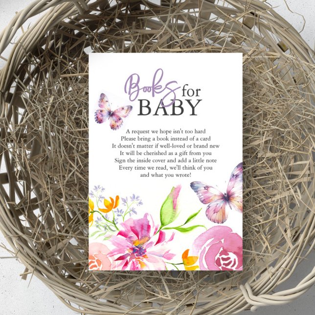 Butterflies and Lullabies Books For Baby Enclosure Card (baby shower invitation insert books for baby purple butterfly floral theme art Victoria Grigaliunas)