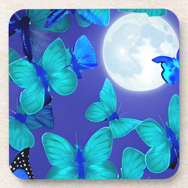 Butterflies and Moths in a Deep Blue Moonlit Sky Coaster (Front)