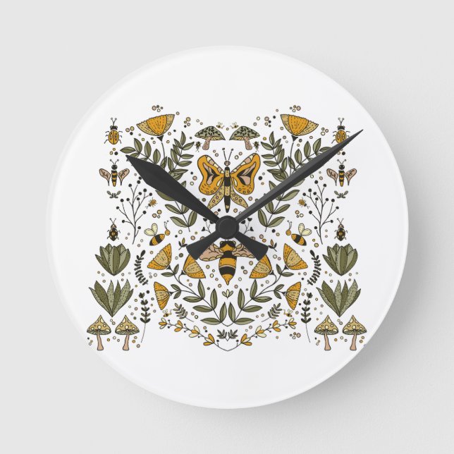 Butterflies and Mushrooms Round Clock (Front)