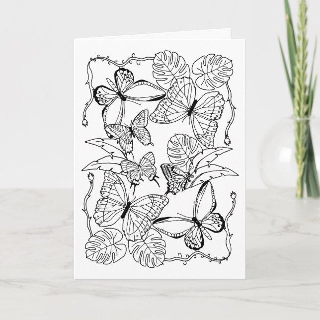 Butterflies and Palm Leaves Colouring Page Card (Front)