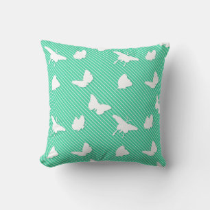 Butterflies and pinstripes - white on aqua cushion