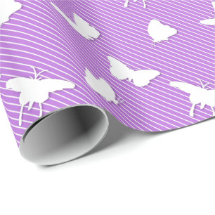 Butterflies and pinstripes - white on lavender wrapping paper
