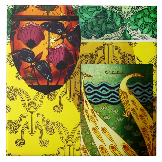 Butterflies and Poppies and Peacock Ceramic Tile (Front)