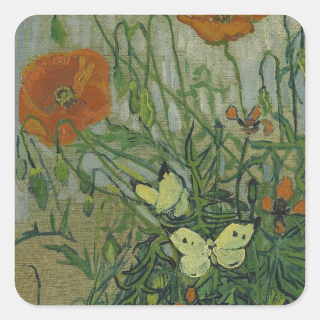 Butterflies and Poppies by Vincent van Gogh Square Sticker (Front)
