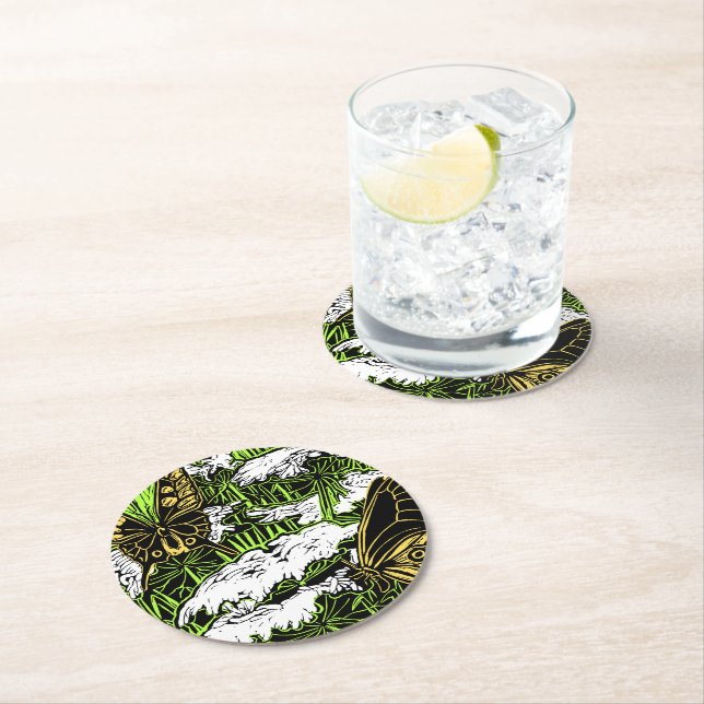 Butterflies and Queen Anne's Lace Round Paper Coaster (Insitu)