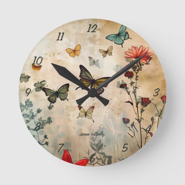 Butterflies and Red Heart Round Clock (Front)