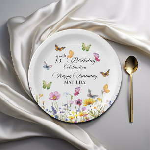 Butterflies and Wildflowers Elegant 75th Birthday Paper Plate