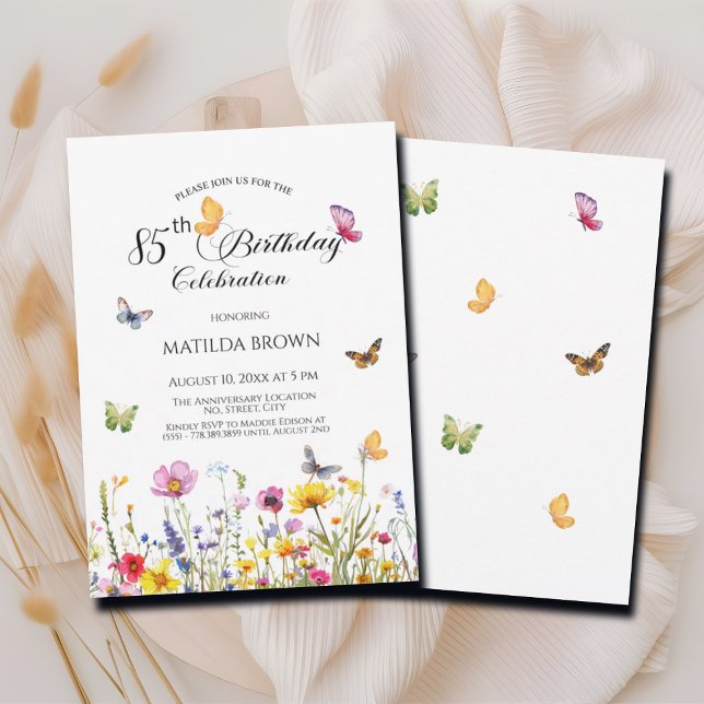 Butterflies and Wildflowers Elegant 85th Birthday Invitation (Creator Uploaded)
