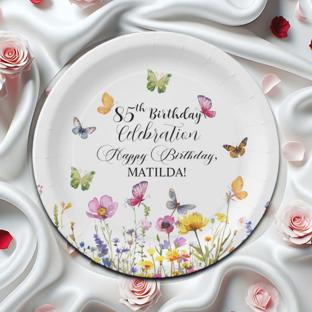 Butterflies and Wildflowers Elegant 85th Birthday Paper Plate (Creator Uploaded)