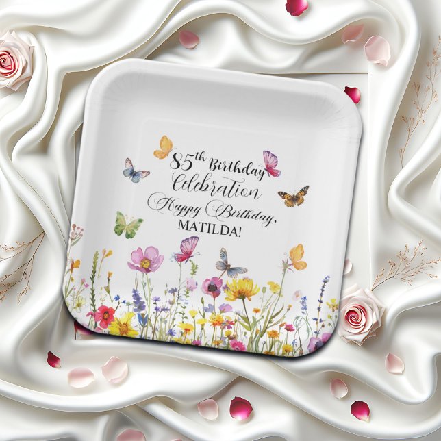 Butterflies and Wildflowers Elegant 85th Birthday Paper Plate (Creator Uploaded)