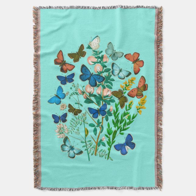 Butterflies and Wildflowers Vintage Botanical  Throw Blanket (Front Vertical)