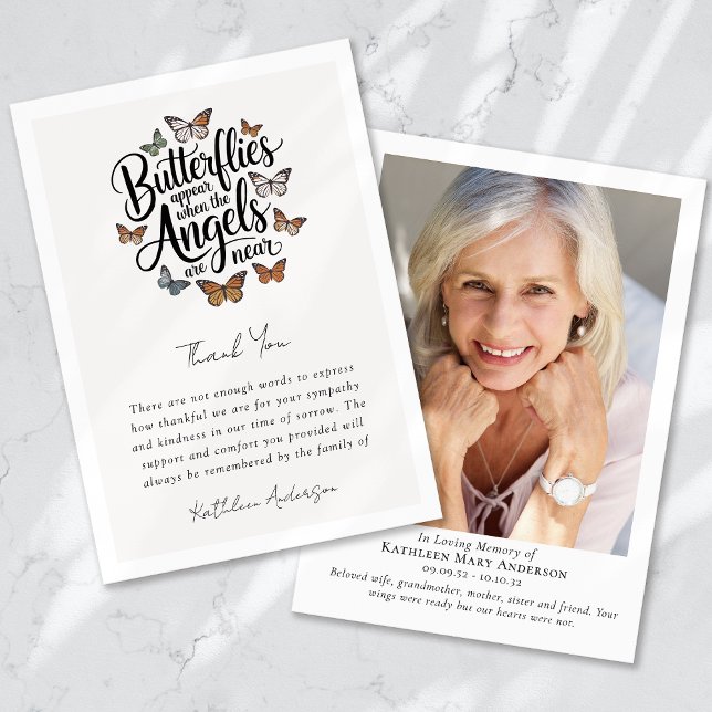 Butterflies Angels Photo Memorial Sympathy Funeral Thank You Card (Creator Uploaded)