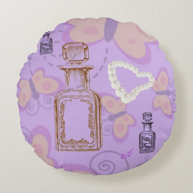 Butterflies, Apocethary Jars & Pearls Round Pillow (Front)
