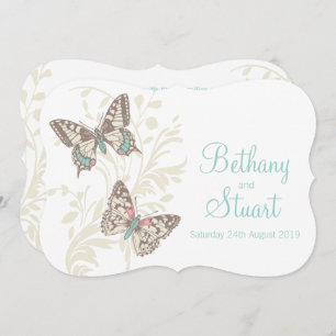 Butterflies aqua teal cream wedding invitation