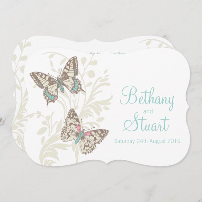 Butterflies aqua teal cream wedding invitation (Front/Back)