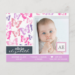Butterflies baby girl photo birth announcement