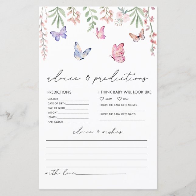 Butterflies Baby Shower Advice & Prediction Card (Front)