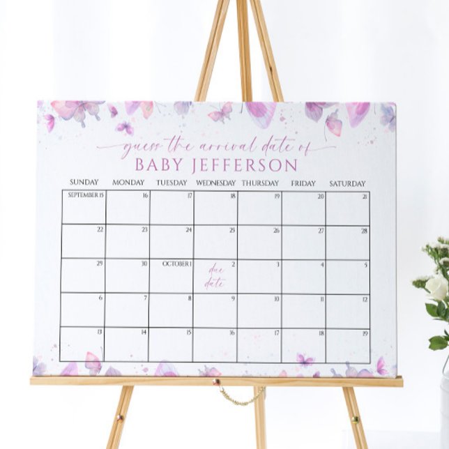 Butterflies Baby Shower Guess Due Date Calendar Poster (Creator Uploaded)