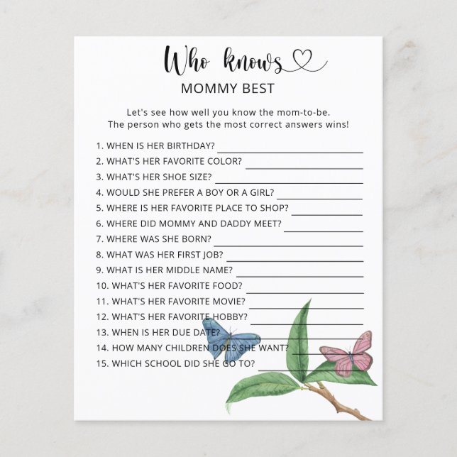 Butterflies baby shower, Who knows mummy best (Front)