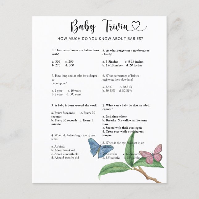 Butterflies - Baby Trivia | Baby Shower Game (Front)