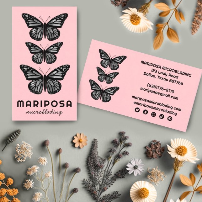 Butterflies Beauty Aesthetician Salon Blush Pink Business Card (Beautiful butterflies decorate these custom business cards with social icons. )