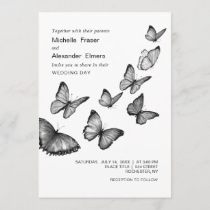 Butterflies. Black and white stylish Wedding Invitation