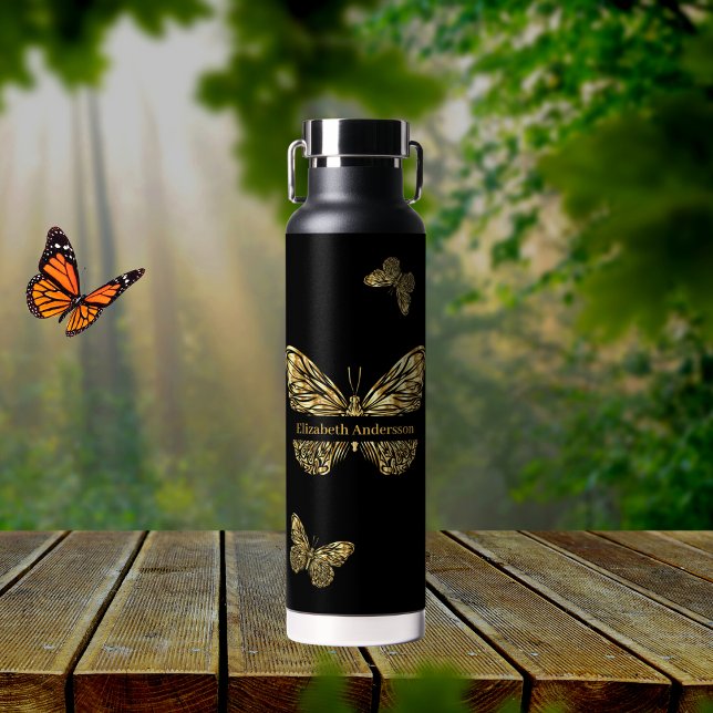 Butterflies black gold name script water bottle (Creator Uploaded)